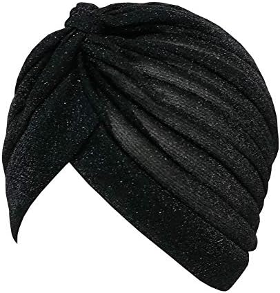 GETACOTA Pleated Glitter Turban for Women Stretchy Hat Beanie Headwrap Knot Twist Elastic Chemo Slip on Cap Headwear Accessories (Black)