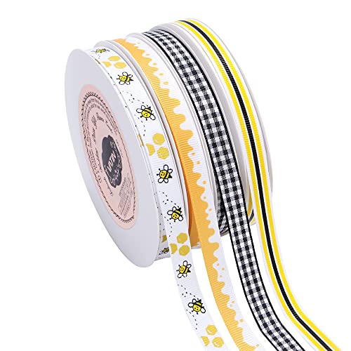 Vatin Grosgrain Ribbon Bumble Bee Ribbon,Bee/Dots/Black Gingham/Yellow Black White Stripe Ribbon Use For Hair Bows,Wreath,Gift Wrapping 3/8 Inch Total 120 Feets (40 Yards) #TOP11