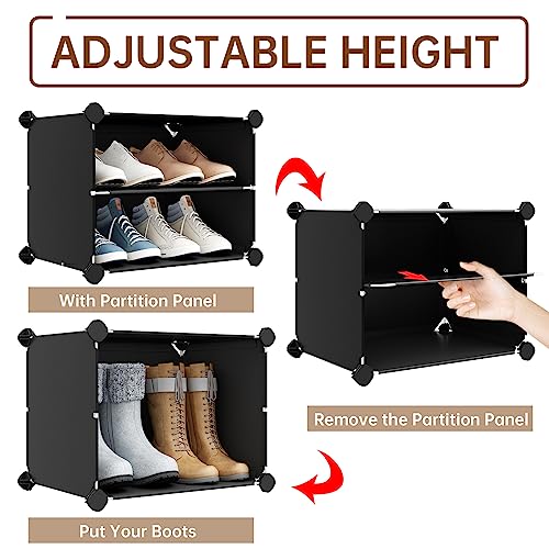 MAGINELS Shoe Rack,Shoe Organizer Storage with Coat Hanger for Entryway,4 Layers Shoe Cabinet with Metal Frame,Shoe Rack with Coat Rack,Shoe Cubby with Removable Hooks,for Hang Clothes,Bag,Hats,Black