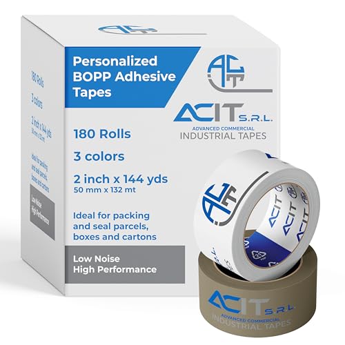 ACIT Cinta adhesiva personalizada, cinta de embalaje para paquetes y cajas de mudanzas, cinta adhesiva personalizada con logotipo, 180 rollos, 2 o 3 colores, 132 m (3 Colores)