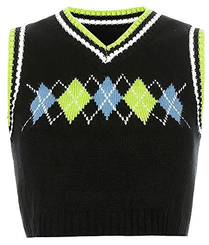 Hotmiss Women's Slim V Neck Sweater Vest Uniform Knit Sleeveless Sweater Ribbed Tank Crop Winter Kitwear Black
