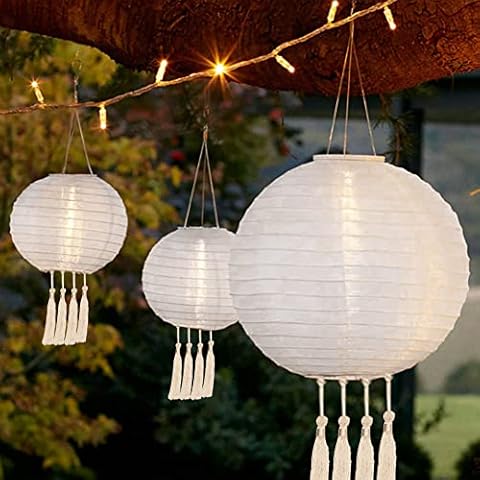 Chinese Lanterns Outdoor, 12" Outdoor Solar Nylon Paper Lanterns, 4pcs Solar Powered Chinese Hanging Garden Lanterns with Tassels IP55 Waterproof Nylon LED for Patio Garden Wedding Party Cover
