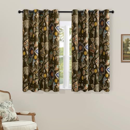 Image of XiDi Floral Curtains 100% Blackout Vintage Patterned Curtain 63 Inches Long | Black Out Thermal Insulated Window Drapes 2 Panels Grommet Room Darkening Curtain for Living Room Bedroom Olive Green 52x63