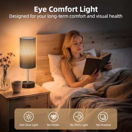 Image of Table Lamp, Dimmable Touch, AC Outlet, USB A+C (Grey&Walnut)