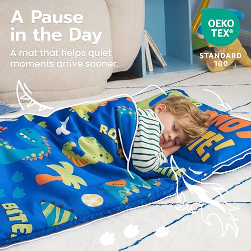 Image of JOIEDOMI Toddler Sleeping Bag for Kids 55''x30'' Nap Mat with Removable Pillow and Minky Blanket for Toddler Ages 3-7 Roll Up Soft Kids Sleeping Bag for Boys Girls Kindergarten Daycare Sleepover