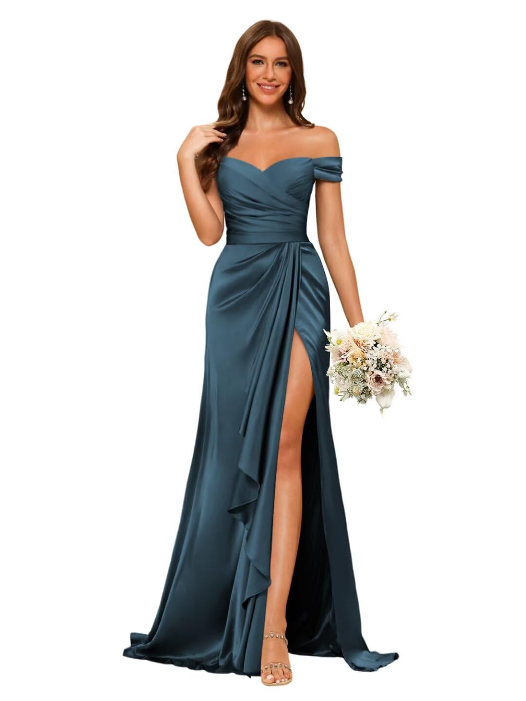 Stylefun Women's Off Shoulder Mermaid Bridesmaid Dresses with Slit Long Satin Prom Dresses STN006