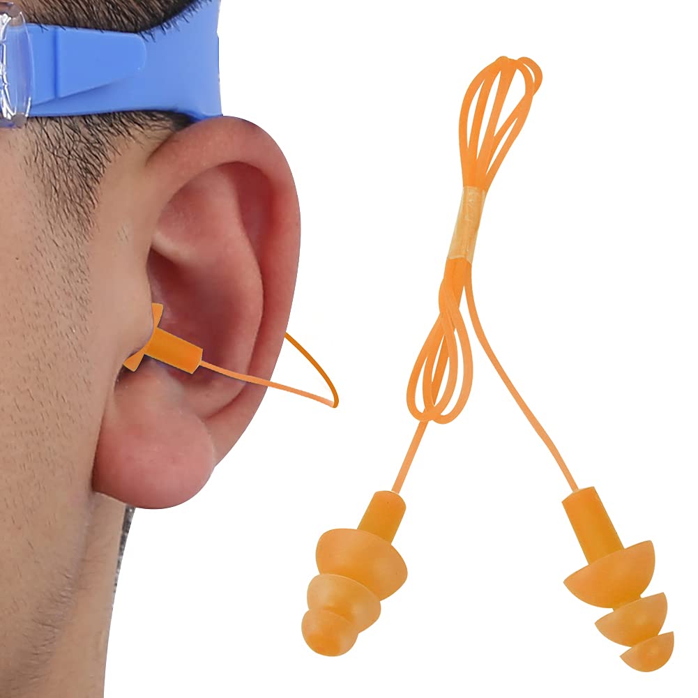 Corded Earplugs, Noise Cancelling Waterproof Ear Plugs Silicone Swimming Reusable Earplugs for Noise Cancelling Snoring Swimming Shooting Study (Orange)