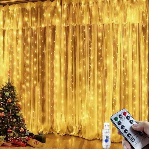 POIFL Cortina de Luces 300 LED, 3M x 3M Luces Cortina Navidad con Control Remoto, 8 Modos & Momento, Impermeable USB luz de Cortina par Dormitorio, Ventana, Fiesta, Boda, Navidad (Blanco Cálido)