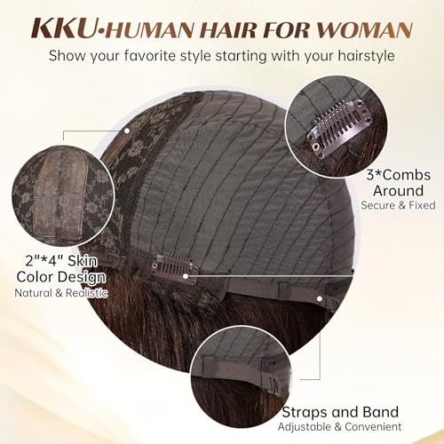 Image of KKU 16 Inch Ombre Ash Blonde Human Hair Wigs for Women, Straight Human Hair Wig with Bangs,Remy Human Hair Wigs,Daily Wig