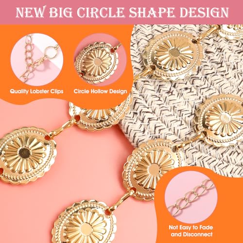 Western Metal Concho Belt, Hollow Out Daisy Chain Belt Adjustable Boho Waist Chain Country Concert Outfit for Dress4