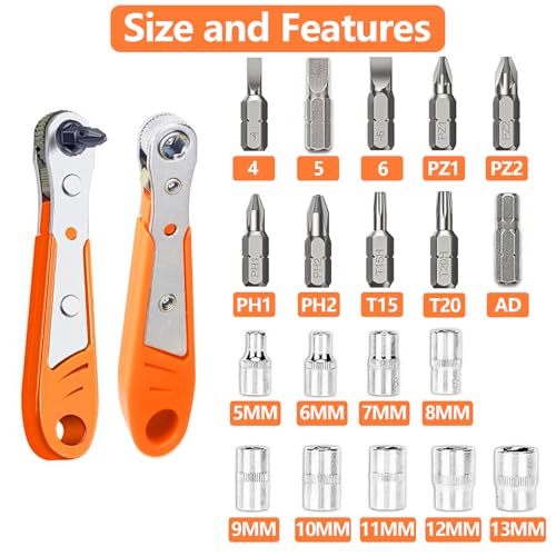 Image of 19in1 Right Angle Ratcheting Screwdriver Set，90 Degree Security Bit Set ，Magnetic Right Angle Screwdriver Low Profile，[Bearing Steel] ，36-Tooth Mini Ratchet Wrench, for Tight Spaces, Bike