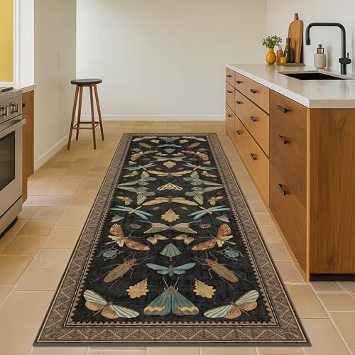 3x8 Green and Black Wide Hallway Runner Rugs - 8ft Washable Kitchen Floor Mats Non Slip, Floral & Insect Pattern Rug for Entryway, Vintage Stain Resis