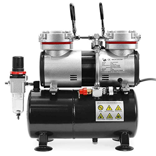 PointZero 1/3 HP Double Piston Airbrush Compressor with Air Tank, Regulator, Gauge and Water Trap - Quiet Professional Pump - Thumbnail 3