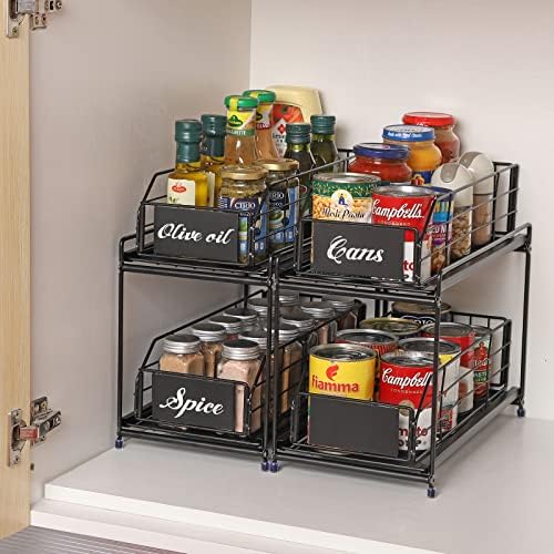 Nandae Set of 2 Cupboard Organizer with 2 Tier Sliding Storage Drawer , Stackable Cabinet Organizer for Under The Sink, Space Saving Solution in Kitchens,Bathrooms,Living Rooms,Bedrooms-2 Pack Black
