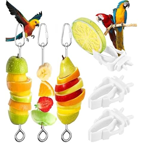 6 PCS Bird Food Treats Skewer, Bird Food Holder Parakeet Hanging Food, Small Animal Stainless Steel Fruit Vegetable Stick Holder, Cockatoo Cockatiel Cage Treating Tool, Hanging Foraging Bird Toys Cover