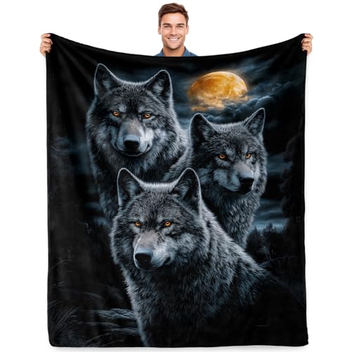Jekeno Wolves Gifts Blanket Full Moon Night Forest Throw Blanket