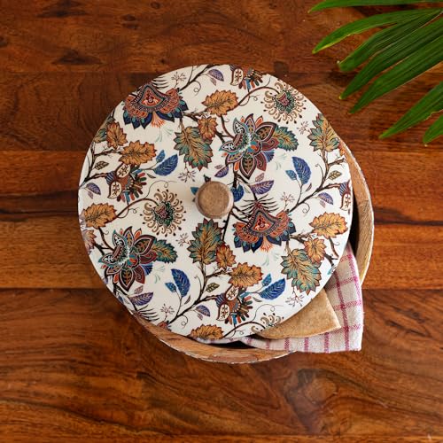 Image of ExclusiveLane 'Floral Chronicles' Wooden Chapati Box for Kitchen with Lid (Mango Wood, 8 inch, 1140 ml) | Hot Case for Roti Casserole for Roti Hot Case Casserole Roti Box Hot Pot for Roti Kitchen