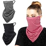 MoKo Scarf Mask Bandana with Ear Loops 3 Pack, Neck Gaiter Balaclava with Filter Pocket UV Sun Protection Face Mask for Dust Wind Motorcycle Cycle Bandana Headband for Women Men, Magenta/Black/Gray