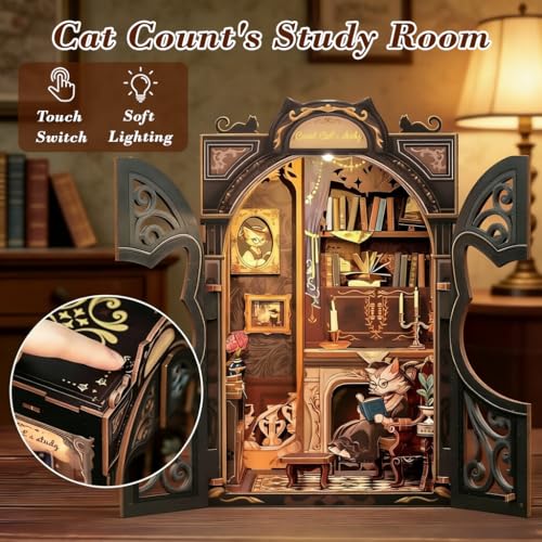 Image of PATPAT Earl Cat Bookstore DIY Miniature House Kit Book Nook Kit, Wooden Doll House for Adults, 3D Wooden Puzzle Bookshelf Decor, for Christmas, Birthday, Anniversary