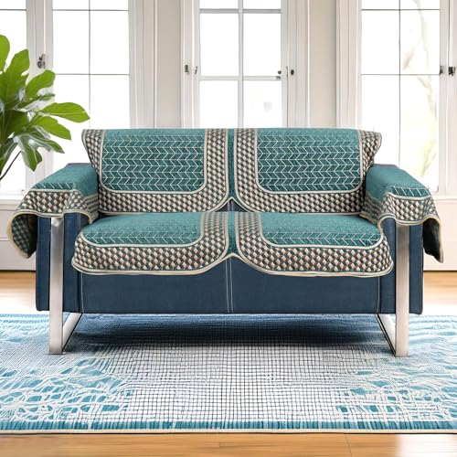 Image of Premium Chenille Woven Anti-Slip 2 Seater Sofa Cover with Arm Rest | L-Shape Sofa Seat Protector for Living Room | Durable & Stylish Slipcover - Turquoise - 3D