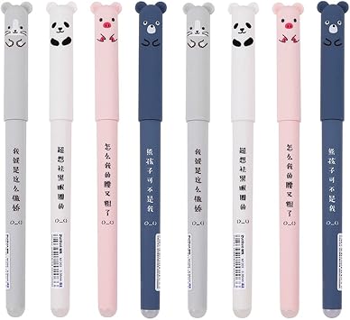 8pcs 0.35mm Erasable Gel Pens, Cute Kawaii Cartoon Cat Pig Bear Panda Animal Gel Ink Black Pen Ballpoint for Writing Note