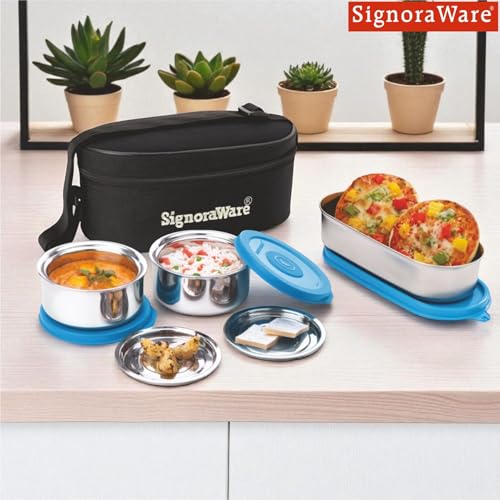 Image of Signoraware Double Decker Stainless Steel Lunch Box | Airtight & Leakproof | Ideal for Office & School Meals | Great for Travelling & Outdoors (260ml + 260ml + 650ml | Blue)