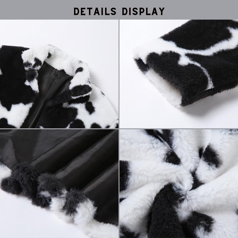 BAIMORE Women's Fuzzy Black and White Polka Dot Stand Collar Open Front Crop Faux Fur Coat 5