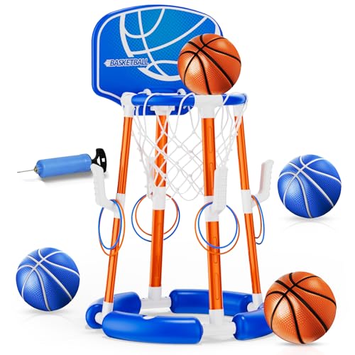 Pool Basketball Hoop with Backboard, Floating Pool Toys for 3-12 Years Old Kids Ring Game with 4 Balls 8 Rings & Pump Outdoor Swimming Pool Basketball Games Water Play Toy Family Party for Kids Adults