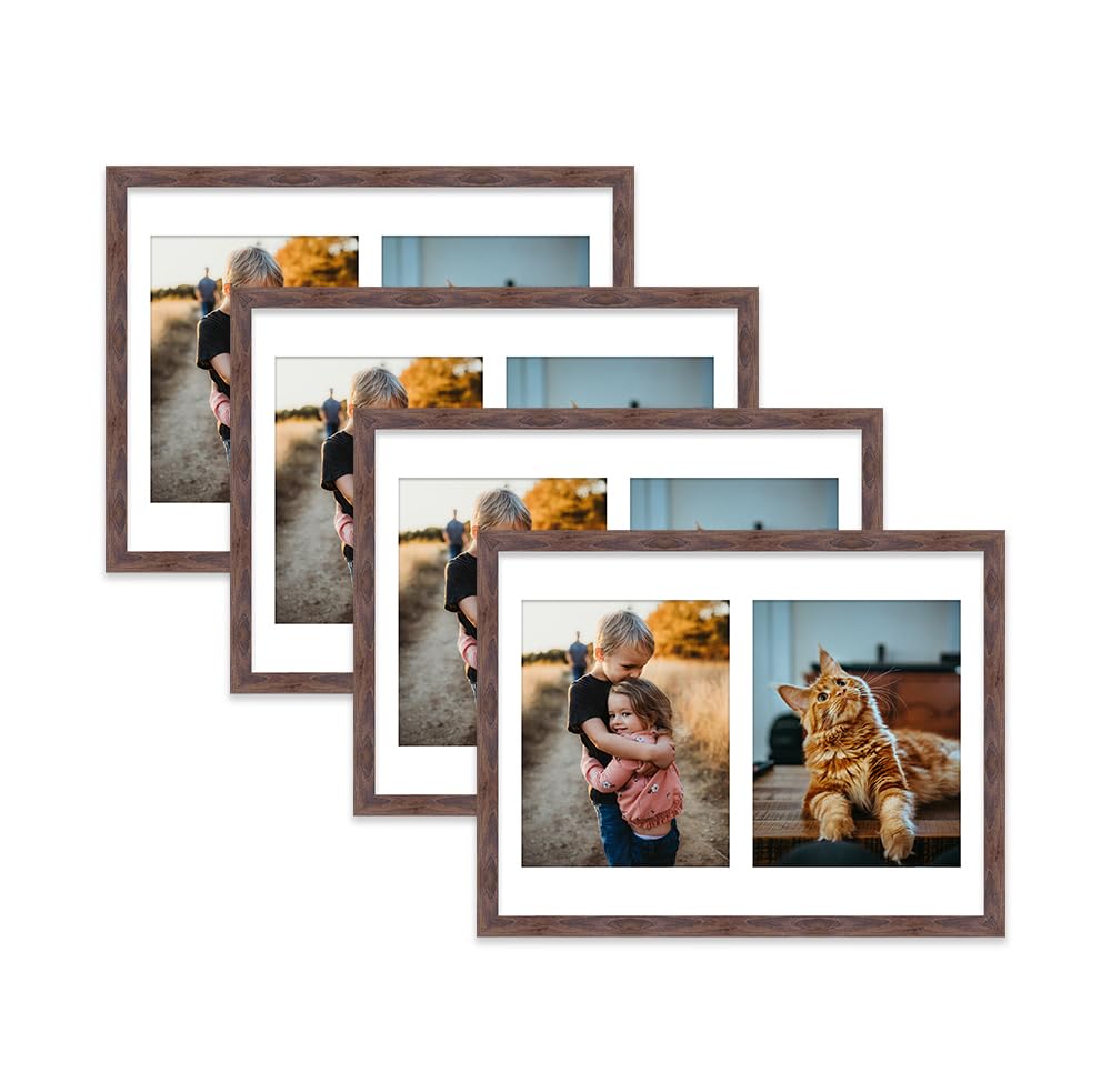 Walnut Multi Photo Frame - Holds 2 x 9x7 Pictures, Family Collage Picture Frame for Wall Display, 16x12 Frame size, Set of 4