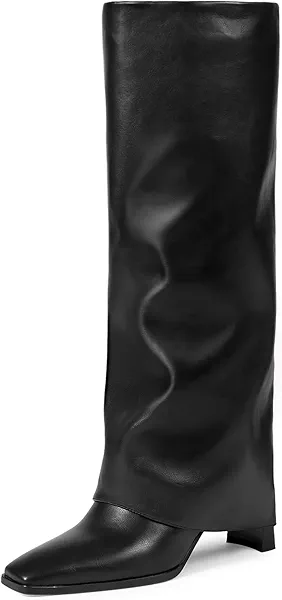 wetkiss Knee High Boots Women Fold Over Square Toe Chunky Heel with Half Zipper Long Knee High Dress Tall Boots for Women Fashion Party Wedding Daily