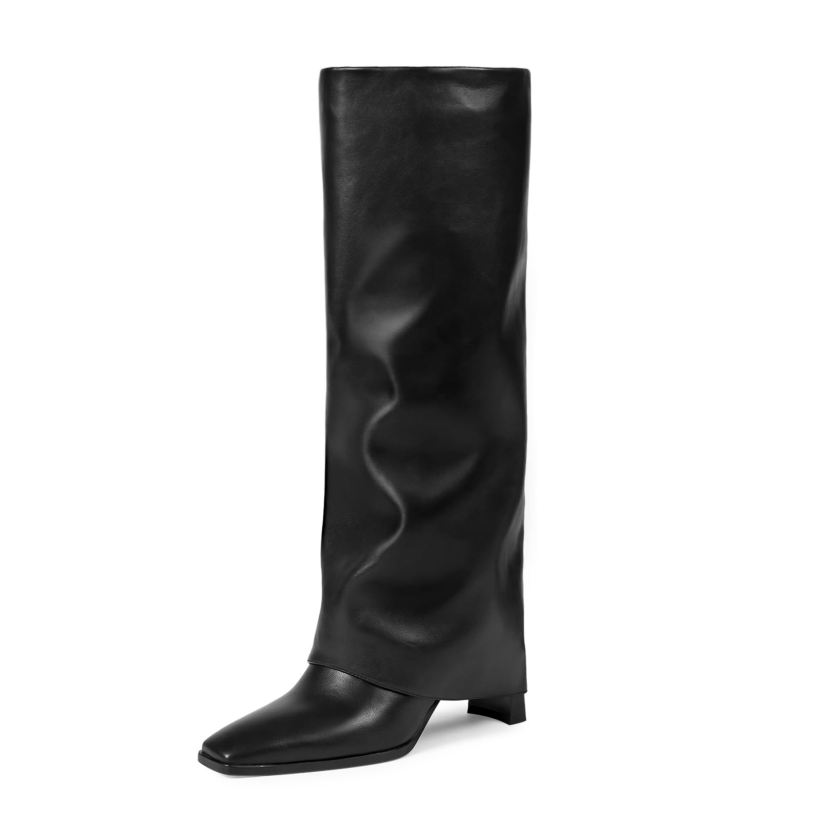 wetkiss Knee High Boots Women Fold Over Square Toe Chunky Heel with Half Zipper Long Knee High Dress