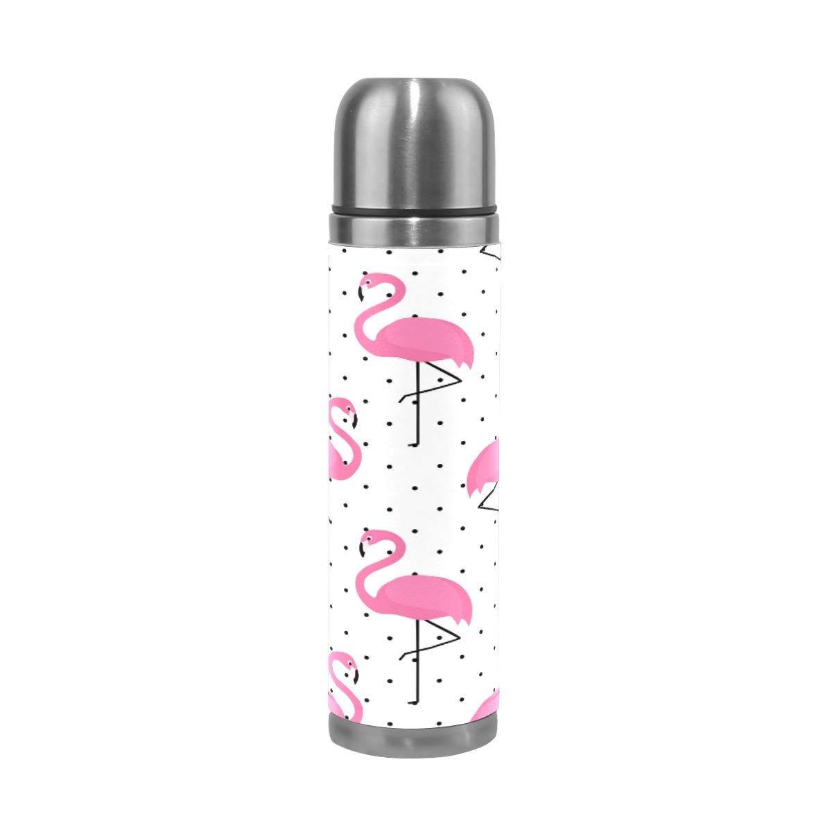 Taza de viaje de acero inoxidable con aislamiento al vacío, doble pared, a prueba de fugas, diseño de flamencos, estampado personalizado de lunares, termo envuelto en piel auténtica, 500 ml