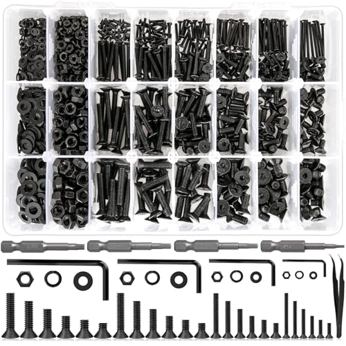 K Kwokker 1700Pcs Screws Assortment Hex Socket Flat Head 24 Size M2 M3 M4 M5 Black Screws, Nuts and Bolts, 10.9 Alloy Steel 8MM to 25MM Metric Bolt Assortment Machine Screws, 8/10/12/16/20/25mm