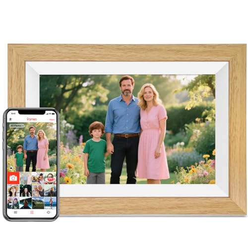 AKImart 10.1 Inch Wooden WiFi Digital Picture Frame, 1280x800 HD IPS Touchscreen Digital Photo Frame Electronic, 32GB Storage, Auto-Rotate, Wall Mountable, Share Photos/Videos via Frameo App