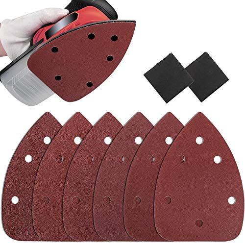 Gifort Papel de Lija de 60 Piezas, Hojas de Lija Abrasivos Triángulos con 2 Paños de Limpieza para Black and Decker Grano Surtido 40/60/80/120/180/240, 140x90mm