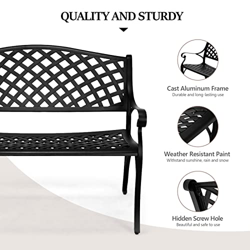 Image of VINGLI 40.5 inch Outdoor Bench Patio Garden Bench, Anti- Rust Cast Aluminum Patio Bench Front Porch Bench for Yard Lawn Entryway Deck, Black