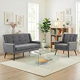 Koaris Midcentury 2-teiliges Sofa Set: Kleines 2-Sitzer Sofa + Chesterfield Sessel, Leinenstoff in Dunkelgrau, Gemütlich für Wohnzimmer und Büro