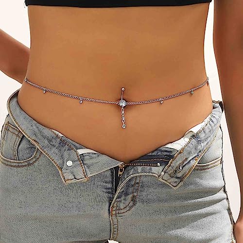 Wendalern Argent Strass Corps Chaîne Nombril Anneau Taille Cristal Dangling Ventre Plage Bikini CZ Piercing Bijoux pour Femmes