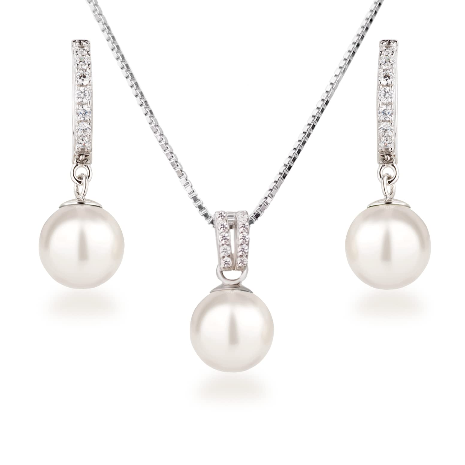 Schöner-SD - Parure con collana e orecchini, con perle in argento 925 rodiato