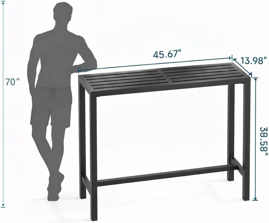 Outdoor Bar Table, 45in Bar Height Table, Black Metal Frame with Weatherproof Top, HDPE Outdoor Furniture for Patio, Hot Tub, Party, Balcony, Indoor