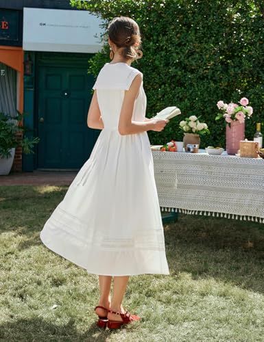 Women's White Cotton Boho Embroidered Eyelet Midi Dress, Sailor Collar Sleeveless Summer Casual Beach Vacation Dress3