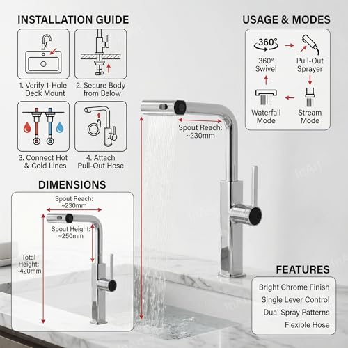 Image of InArt 360 Rotatable Brass Kitchen Faucet, Pull Out Kitchen Faucet with Waterfall Design (Chrome)