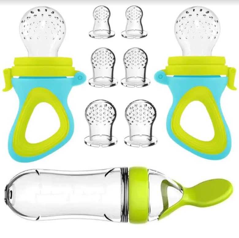 Image of The Bouncing Bow 9 Pcs Baby Spoon/Pacifiers Feeder Set with 3 Different Sized Silicone Pacifiers and replacements, 1 Soft Tip Silicone Infant Spoon for Teething Feeding Set Pink/White (Teal/Green)