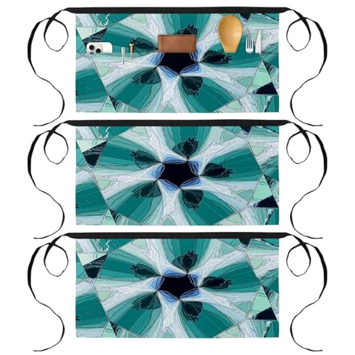 Lot de 3 tabliers courts de chef multicolores à motif kaléidoscope abstrait avec 3 poches
