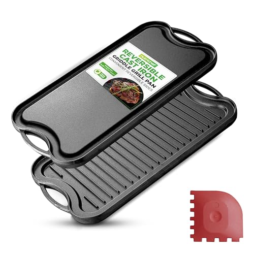NutriChef 20"x10" Reversible Cast Iron Griddle Pan – Flat & Grill Sides, Pre-Seasoned, Oven Safe, Extra-Wide, PFOA & PFOS Free, for Gas, Electric, or Outdoor Cooking by NutriChef - Used condition - US$30.41