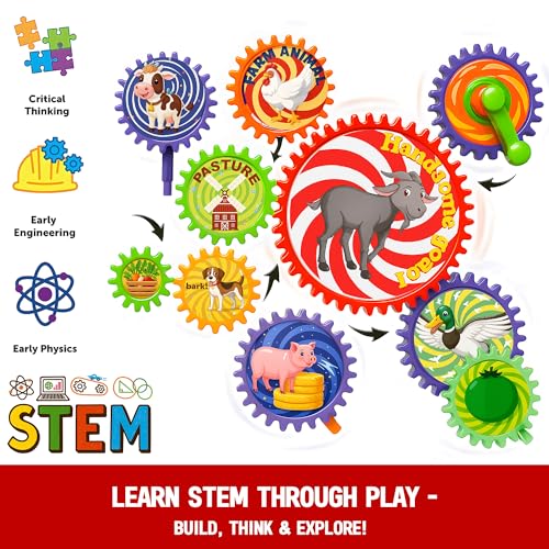Image of Motorized Gear Building Blocks Toys, Electric Farm Animal Spinning Set Ages 3-6, STEM Learning Construction Kit, Fine Motor Cause-Effect Gift for Boys Girls