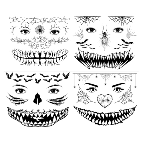 4 Hojas Cara de Halloween Aterradora Tatuajes Temporales, Terror Cosplay Prop, Telaraña Murciélago Bruja Zombie Maquillaje (A)
