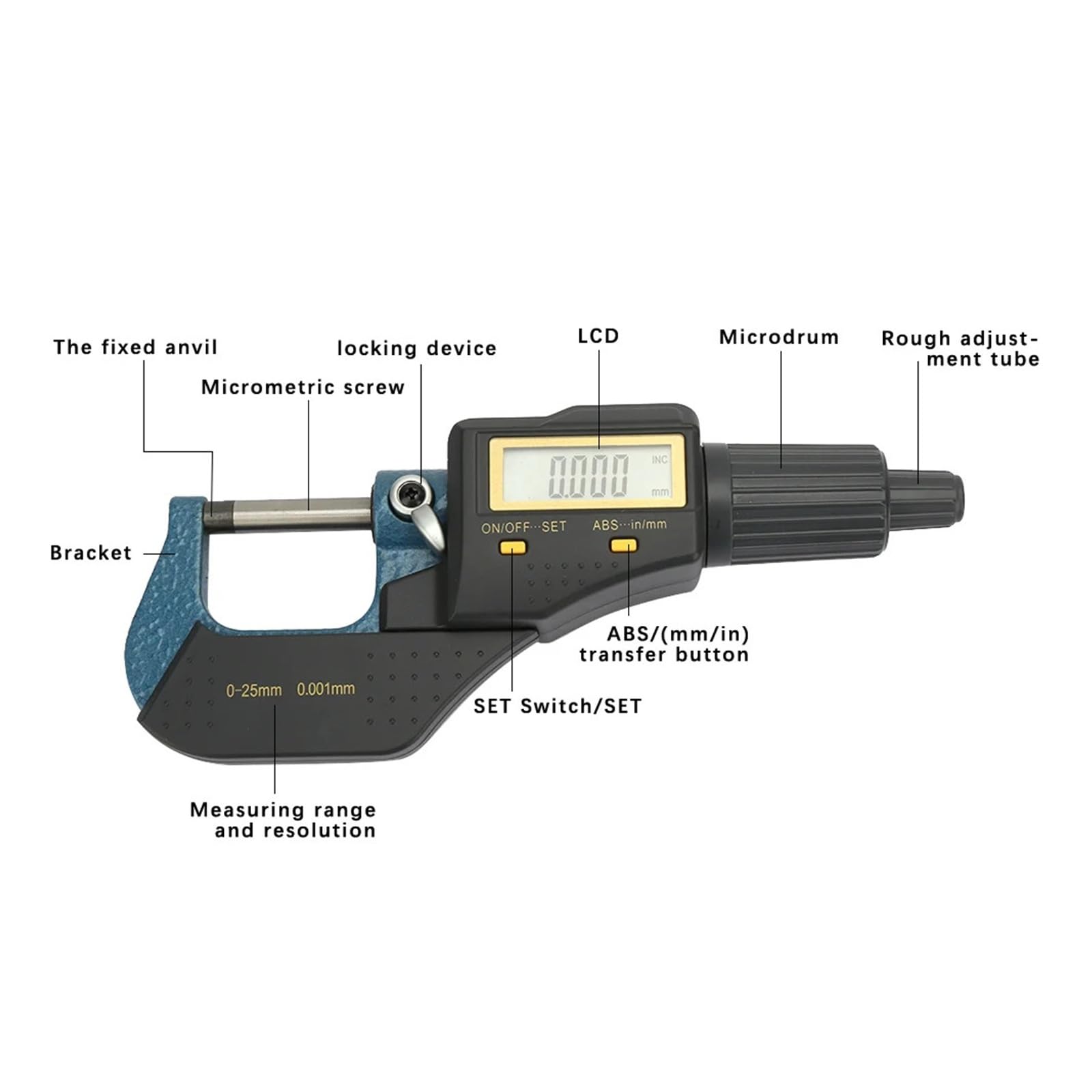 Mikrometr cyfrowy elektroniczny do pomiaru średnicy zewnętrznej 0~25 mm 0,001 mm Zmierz wszystko