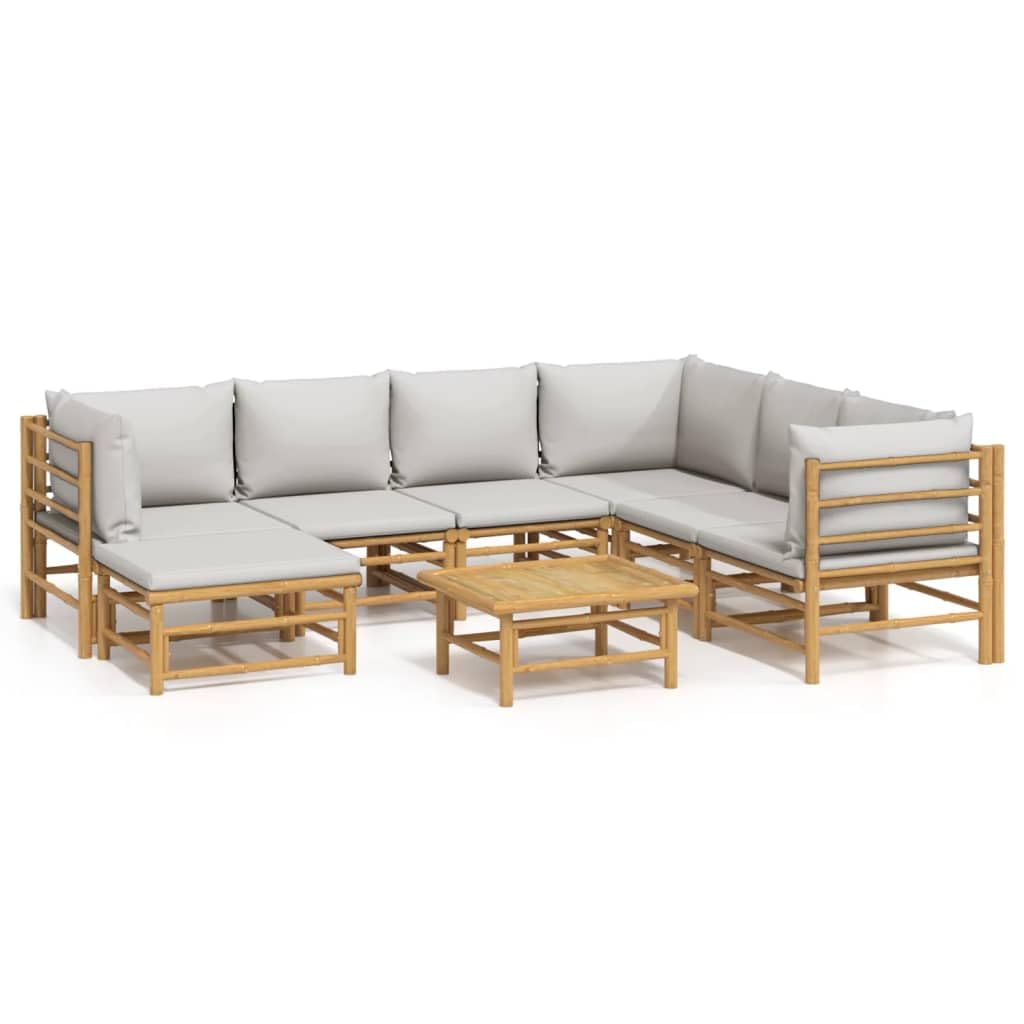 Générique Ensemble de Salon de Jardin Modulable 8 Pièces en Bambou Naturel avec Coussins Gris Clair - Canapé d'angle, Table et Pouf - Confortable et Élégant pour Jardin, Terrasse ou Balcon