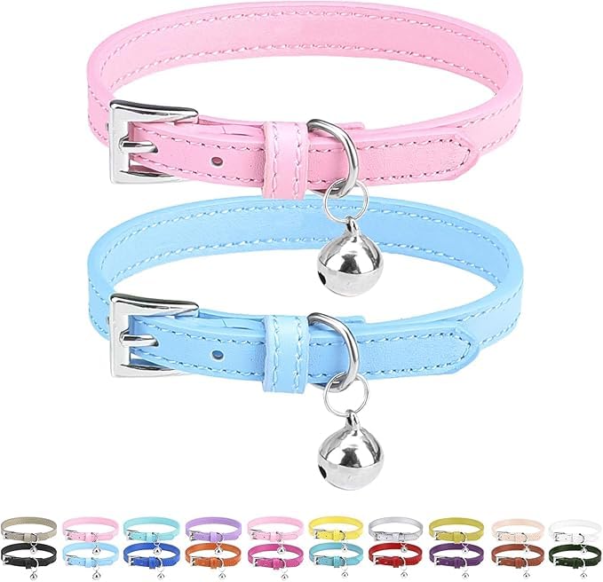 2 PCS Soft Leather Cat Kitten Collar with Bells Adjustable for Girl Boy Cats Puppy - Pink, Blue (Pink&Blue, 8.7"- 10.6".)